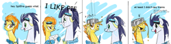 Size: 1300x339 | Tagged: safe, artist:nastylady, character:soarin', character:spitfire, species:owl, species:pegasus, species:pony, asdfmovie, coincidence, comic, female, goggles, i like trains, male, mare, meme, o rly, photoshop, pie, pied, stallion, that pony sure does love pies, wat