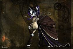 Size: 1000x673 | Tagged: safe, artist:nastylady, character:rarity, species:pony, species:unicorn, abstract background, cigarette, cigarette holder, clothing, dress, female, glasses, hat, mare, photoshop, raised hoof, smoking, solo, steampunk