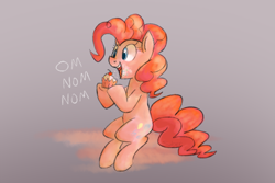Size: 1095x730 | Tagged: safe, artist:saber-panda, character:pinkie pie, species:earth pony, species:pony, cloud, cupcake, cute, diapinkes, eating, female, messy eating, nom, open mouth, pinkie being pinkie, sitting, sitting on a cloud, solo