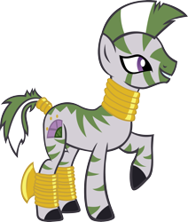 Size: 2691x3179 | Tagged: safe, artist:sircinnamon, oc, oc only, species:zebra, leg rings, neck rings, raised hoof, simple background, smiling, solo, tail ring, transparent background, zebra oc