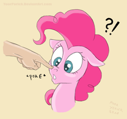 Size: 760x710 | Tagged: safe, artist:pooryorick, character:pinkie pie, species:human, boop, bust, cross-eyed, exclamation point, floppy ears, hand, interrobang, looking at something, onomatopoeia, open mouth, portrait, question mark, simple background