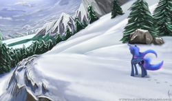 Size: 2156x1274 | Tagged: dead source, safe, artist:sonicrainboom93, character:princess luna, female, scenery, snow, solo