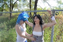 Size: 4608x3072 | Tagged: safe, artist:everage, artist:frinda-frisk, artist:shelle-chii, character:dj pon-3, character:octavia melody, character:vinyl scratch, species:human, cosplay, cuffs, fence, irl, irl human, photo, tickling