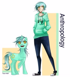 Size: 4368x4780 | Tagged: safe, artist:tao-mell, character:lyra heartstrings, species:human, species:pony, species:unicorn, fanfic:anthropology, absurd resolution, cutie mark, fanfic, fanfic art, female, hooves, horn, human ponidox, humanized, jewelry, mare, open mouth, pendant, ponidox, raised hoof