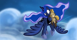 Size: 1500x792 | Tagged: safe, artist:secoh2000, character:princess luna, oc, oc:gari, children of the night, filly, flying