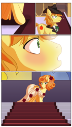 Size: 941x1652 | Tagged: safe, artist:the-orator, character:braeburn, character:carrot top, character:golden harvest, species:earth pony, species:pony, ship:carrotburn, alternate hairstyle, clothing, comic, dress, female, male, mare, shipping, stairs, stallion, straight