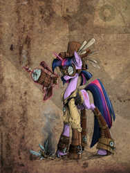 Size: 658x876 | Tagged: safe, artist:nastylady, character:twilight sparkle, species:pony, species:unicorn, abstract background, alternate hairstyle, clothing, female, goggles, gun, mare, parasprite, photoshop, steampunk, weapon