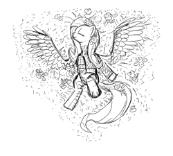 Size: 1200x1080 | Tagged: safe, artist:zlack3r, character:fluttershy, species:pegasus, species:pony, g4, clothing, eyes closed, female, flower, mare, monochrome, on back, sketch, solo, sweater, sweatershy