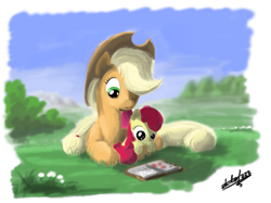 Size: 937x700 | Tagged: safe, artist:zlack3r, character:apple bloom, character:applejack, species:earth pony, species:pony, adorabloom, apple sisters, book, cute, duo, female, filly, foal, gimp, mare, prone, reading, siblings, sisters