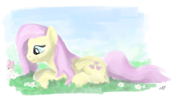 Size: 1440x820 | Tagged: safe, artist:zlack3r, character:fluttershy, species:pegasus, species:pony, g4, butterfly, female, flower, mare, prone, smiling, solo