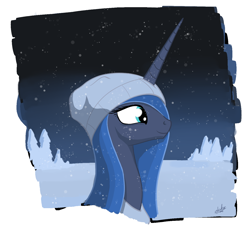 Size: 1320x1226 | Tagged: safe, artist:zlack3r, character:princess luna, species:alicorn, species:pony, g4, bust, clothing, female, hat, horn, mare, portrait, profile, smiling, snow, snowfall, solo, winter