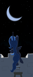 Size: 585x1350 | Tagged: safe, artist:zlack3r, character:princess luna, species:pony, g4, balancing, battlement, bipedal, eyes on the prize, female, filly, foal, moon, night, raised hoof, reaching, rear view, solo