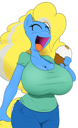 Size: 1179x1920 | Tagged: safe, artist:angelthecatgirl, oc, oc only, oc:pixie, species:anthro, species:earth pony, species:pony, anthro oc, big breasts, breasts, cleavage, cupcake, eyes closed, female, huge breasts, solo
