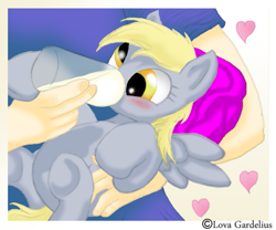 Size: 633x526 | Tagged: safe, artist:lova-gardelius, character:derpy hooves, species:human, species:pony, baby, baby bottle, bottle feeding, brony, cute, filly, foal, holding a pony