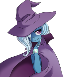 Size: 1492x1787 | Tagged: safe, artist:the-orator, character:trixie, species:pony, species:unicorn, g4, cape, clothing, colored pupils, female, hat, looking at you, mare, mysterious, photoshop, raised hoof, shadow, simple background, smiling, solo, transparent background, trixie's cape, trixie's hat