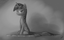 Size: 866x546 | Tagged: safe, artist:zlack3r, character:twilight sparkle, character:twilight sparkle (unicorn), species:pony, species:unicorn, annoyed, female, grayscale, mare, monochrome, sitting, sketch, solo