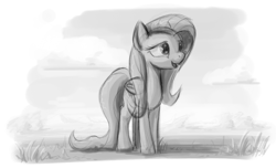 Size: 1110x676 | Tagged: safe, artist:zlack3r, character:fluttershy, species:pegasus, species:pony, female, gimp, grayscale, happy, mare, monochrome, sketch, solo