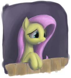 Size: 497x546 | Tagged: safe, artist:zlack3r, character:fluttershy, species:pegasus, species:pony, g4, female, fence, mare, sketch, solo, worried