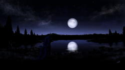 Size: 1920x1080 | Tagged: safe, artist:zlack3r, character:princess luna, species:alicorn, species:pony, g4, ethereal mane, female, forest, full moon, galaxy mane, lake, mare, moon, night, rear view, reflection, scenery, sky, solo, stars, tree, wallpaper