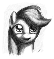 Size: 1856x2048 | Tagged: safe, artist:zlack3r, character:scootaloo, species:pegasus, species:pony, female, filly, grayscale, happy, looking at you, monochrome, sketch, solo, traditional art