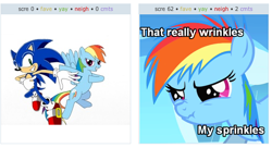 Size: 526x287 | Tagged: safe, artist:lightdegel, character:rainbow dash, character:sonic the hedgehog, species:pony, bipedal, crossover, exploitable meme, female, filly, filly rainbow dash, jimmies, juxtaposition, juxtaposition win, meme, scrunchy face, simple background, sonic the hedgehog (series), white background, younger