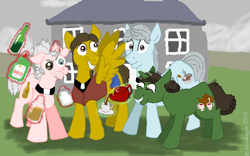 Size: 870x544 | Tagged: safe, artist:bibliodragon, alcohol, drink, father dougal, father jack, father ted, mrs. doyle, ponified, tea, teacup, teapot, toilet duck, wine, wine bottle