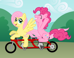 Size: 2880x2274 | Tagged: safe, artist:wildtiel, character:fluttershy, character:pinkie pie, bicycle, high res, ride to conquer cancer, tandem