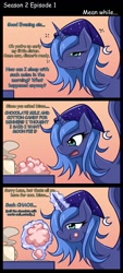 Size: 659x1456 | Tagged: safe, artist:jinzhan, character:princess celestia, character:princess luna, species:pony, episode:the return of harmony, g4, my little pony: friendship is magic, chocolate, chocolate milk, clothing, comic, cotton candy, female, hat, mare, milk, morning ponies, nightcap, s1 luna