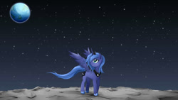 Size: 1024x576 | Tagged: safe, artist:jinzhan, character:princess luna, species:alicorn, species:pony, earth, female, moon, planet, s1 luna, solo, space, stars