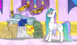Size: 3600x2100 | Tagged: safe, artist:mlj-lucarias, character:princess celestia, character:princess luna, species:pony, bed mane, missing cutie mark, nerf gun, pillow fort, silly, silly pony, unamused