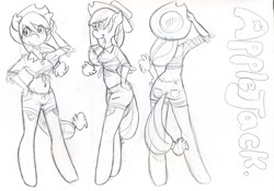 Size: 1086x762 | Tagged: safe, artist:dahliabee, character:applejack, species:anthro, species:earth pony, species:pony, species:unguligrade anthro, ass, clothing, cute, female, hat, monochrome, reference sheet, sketch, solo
