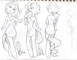Size: 1079x832 | Tagged: safe, artist:dahliabee, character:rarity, species:anthro, species:pony, species:unicorn, breasts, busty rarity, female, monochrome, reference sheet, sketch, solo