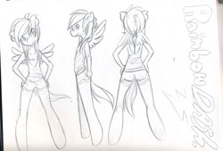 Size: 1128x764 | Tagged: safe, artist:dahliabee, character:rainbow dash, species:anthro, species:pegasus, species:pony, breasts, delicious flat chest, female, monochrome, reference sheet, sketch, solo