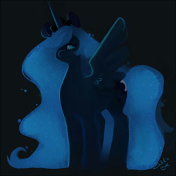 Size: 750x750 | Tagged: safe, artist:dahliabee, character:princess luna, female, frown, hair over one eye, looking at you, missing accessory, solo, spread wings, wings