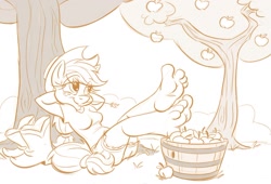 Size: 1280x871 | Tagged: safe, artist:kuroi-wolf, character:applejack, species:anthro, species:plantigrade anthro, apple, barefoot, boots, breasts, feet, female, foot fetish, foot focus, monochrome, orchard, relaxing, resting, smiling, soles, solo, toes, tree