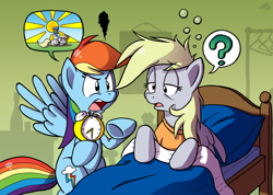 Size: 1100x784 | Tagged: safe, artist:tobibrocki, character:derpy hooves, character:rainbow dash, species:pegasus, species:pony, bed, bed mane, clock, female, mare, morning ponies, sleepy
