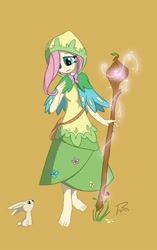 Size: 849x1350 | Tagged: safe, artist:didj, character:angel bunny, character:fluttershy, barefoot, clothing, dress, druid, feet, flutterdruid, humanized, my little mages, staff
