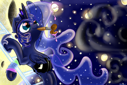 Size: 6000x4000 | Tagged: safe, artist:carligercarl, character:princess luna, species:alicorn, species:pony, female, ladder, moon, mouth hold, night, paint, paintbrush, solo, space, stars, tangible heavenly object, working