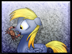Size: 1022x767 | Tagged: safe, artist:lova-gardelius, character:derpy hooves, species:crab, species:pegasus, species:pony, g4, abstract background, crying, female, floppy ears, mare, nose pinch, profile, solo