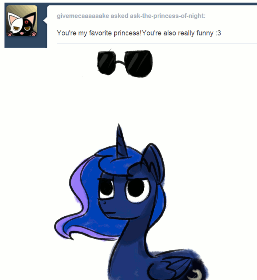 Size: 900x980 | Tagged: safe, artist:talludde, character:princess luna, species:alicorn, species:pony, animated, ask, ask the princess of night, dialogue, female, mare, simple background, solo, sunglasses, tumblr, vulgar, white background