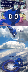 Size: 1000x2489 | Tagged: safe, artist:talludde, character:princess luna, ask the princess of night, bedroom, cloud, cloudy, comic, cute, female, floppy ears, flying, looking at you, open mouth, pillow, sky, smiling, solo, sonic nightboom, sonic xboom, spread wings, tumblr, wings