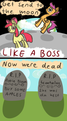 Size: 1056x1920 | Tagged: safe, artist:talludde, character:apple bloom, character:scootaloo, species:pegasus, species:pony, ask the princess of night, buy some apples, dead, grave, like a boss, moon, the lonely island, tumblr