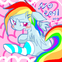 Size: 500x500 | Tagged: safe, artist:kyubi, character:rainbow dash, blushing, clothing, colored pupils, dialogue, engrish, female, hairclip, heart, pink background, pixiv, simple background, sitting, socks, solo, speech bubble, strategically covered, striped socks, tail censor