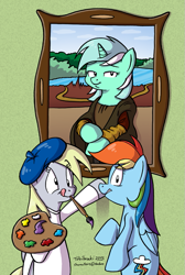 Size: 603x900 | Tagged: safe, artist:tobibrocki, character:derpy hooves, character:lyra heartstrings, character:rainbow dash, species:pegasus, species:pony, artist, clothing, female, fine art parody, frame, hat, mare, mona lisa, paint, paintbrush, painting, parody, ponified, tongue out