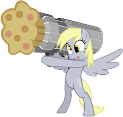 Size: 6055x5765 | Tagged: source needed, useless source url, safe, artist:maximillianveers, character:derpy hooves, species:pony, absurd resolution, bipedal, cannon, cannon ponies, muffin, muffin cannon, muffin launcher, simple background, tongue out, transparent background, vector