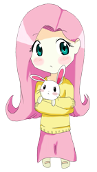 Size: 705x1252 | Tagged: safe, artist:applestems, character:angel bunny, character:fluttershy, chibi, clothing, humanized, skirt, sweatershy
