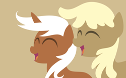 Size: 2400x1500 | Tagged: safe, artist:gingermint, artist:icekatze, character:mjölna, character:silver spanner, species:earth pony, species:pony, species:unicorn, eyes closed, female, horn, lineless, mare, minimalist, modern art, open mouth, simple background, wallpaper