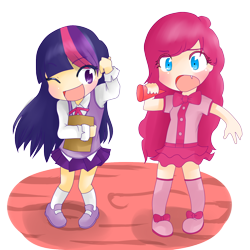 Size: 1500x1500 | Tagged: safe, artist:applestems, character:pinkie pie, character:twilight sparkle, clothing, humanized, skirt