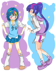 Size: 1062x1346 | Tagged: safe, artist:applestems, character:rainbow dash, character:twilight sparkle, blushing, clothing, embarrassed, humanized, rainbow dash always dresses in style, role reversal, shoes, skirt, sneakers