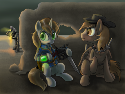 Size: 2400x1800 | Tagged: safe, artist:dawnmistpony, oc, oc only, oc:calamity, oc:littlepip, oc:steelhooves, species:earth pony, species:pegasus, species:pony, species:unicorn, fallout equestria, armor, battle saddle, brand, branding, clothing, cutie mark, dashite, fanfic, fanfic art, female, gun, hat, hooves, horn, male, mare, open mouth, pipbuck, power armor, rifle, shooting, sitting, stallion, steel ranger, vault suit, wasteland, weapon, wings